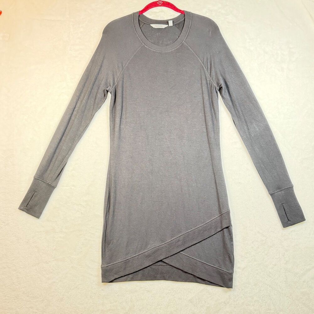 Athleta Womens M Black Modal Sweatshirt Dress Long Sleeve Tulip Hem Thumbholes